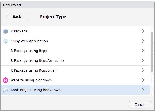 在 RStudio 中创建一个 bookdown 项目。