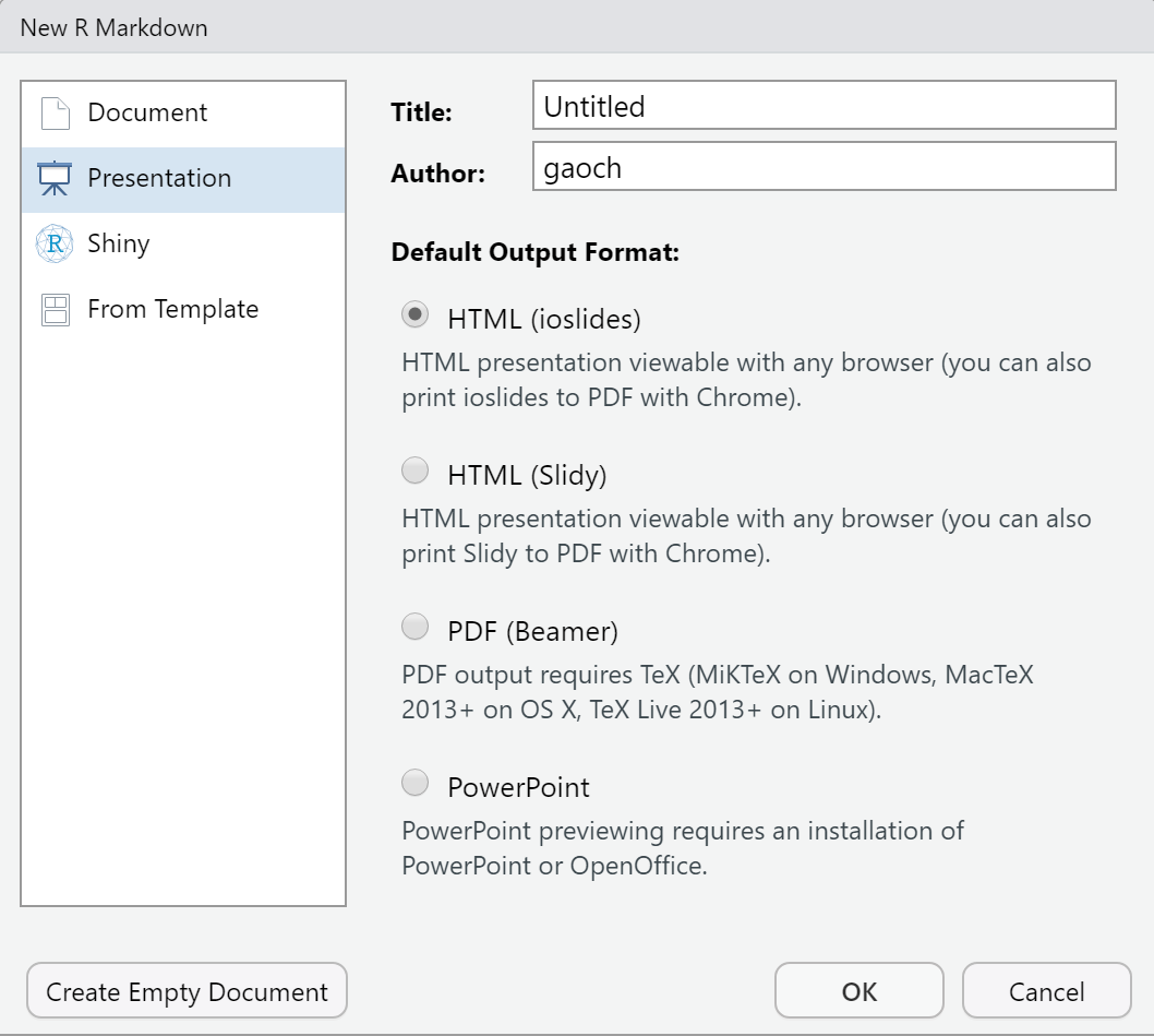 新建 R Markdown 时可选的幻灯片格式