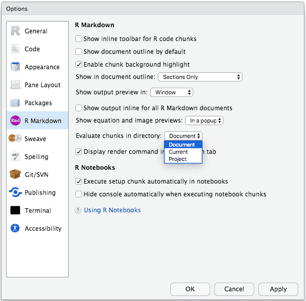 在 RStudio 中改变所有 R Markdown 文档的默认工作目录。