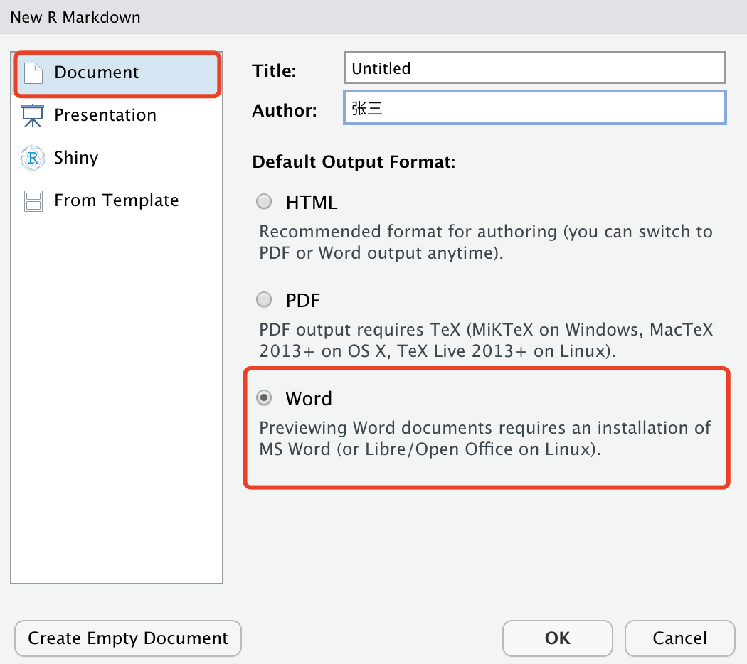 新建 R Markdown 时可选的 word 格式